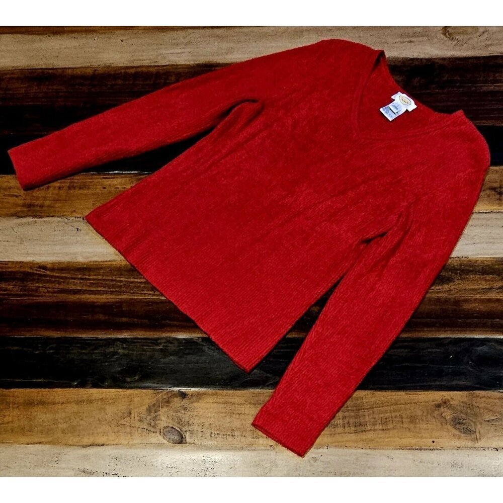 Talbots Red Ribbed V-Neck Lonng Sleeve Tight Knit Sweater Women's Fitted Large